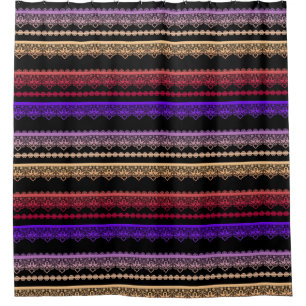 Multicolored lace on black shower curtain