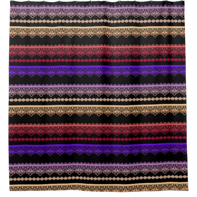 Multicolored lace on black shower curtain (Front)