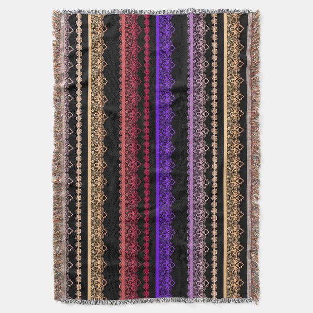 Multicolored lace on black throw blanket (Front Vertical)
