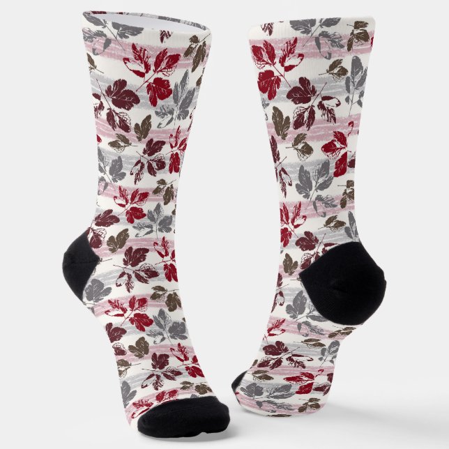 Multicolored leaves on a striped background. socks (Angled)
