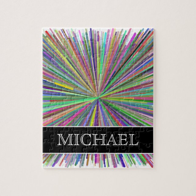 Multicolored Line Burst Pattern + Custom Name Jigsaw Puzzle (Vertical)