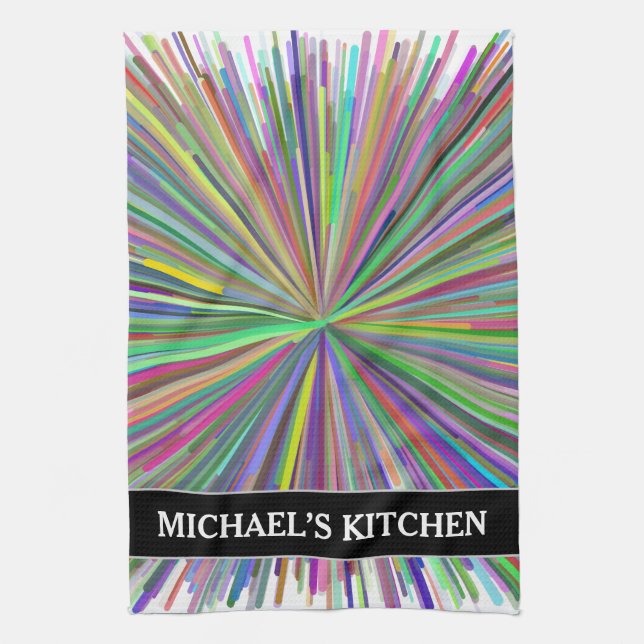 Multicolored Line Burst Pattern + Custom Name Tea Towel (Vertical)
