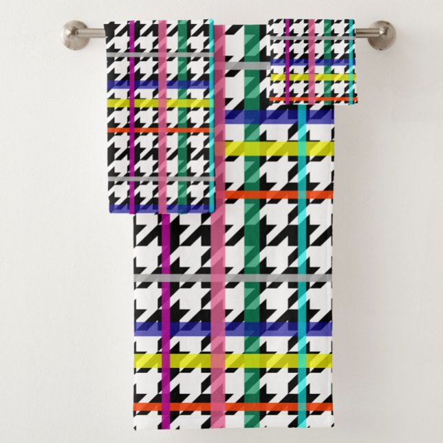 Multicolored Lines On Plaid Houndstooth Design  Bath Towel Set (Creator Uploaded)