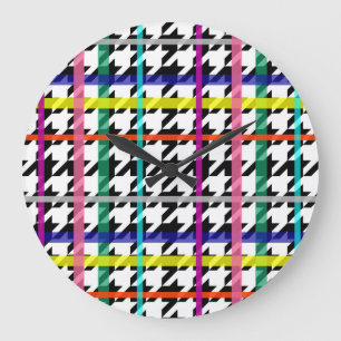 Multicolored Lines On Plaid Houndstooth Design Large Clock