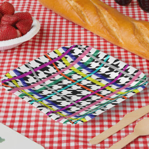 Multicolored Lines On Plaid Houndstooth Design Paper Plate