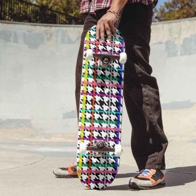 Multicolored Lines On Plaid Houndstooth Design  Skateboard (Creator Uploaded)