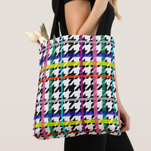 Multicolored Lines On Plaid Houndstooth Design  Tote Bag