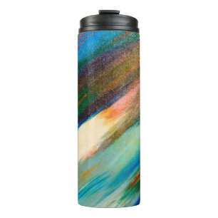 Multicolored long diagonal watercolor strokes on t thermal tumbler