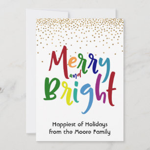 Multicolored Merry and Bright w/ Gold Confetti Holiday Card