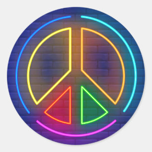 Multicolored neon peace sign symbol classic round sticker