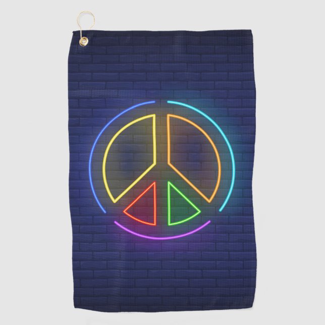 Multicolored neon peace sign symbol golf towel (Front)