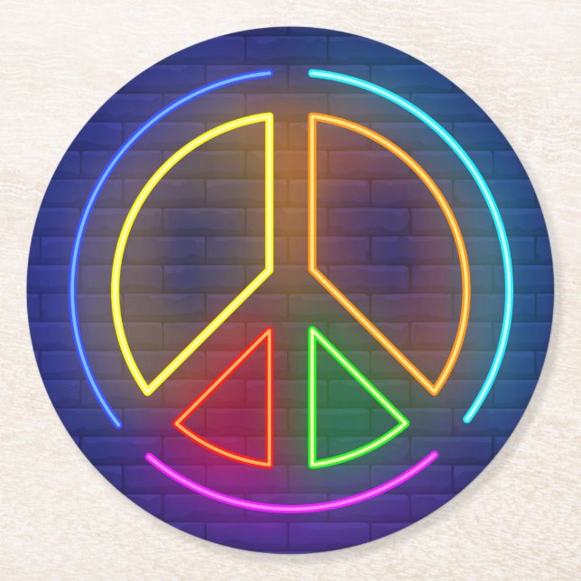 Multicolored neon peace sign symbol round paper coaster (Front)