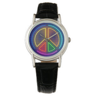Multicolored neon peace sign symbol watch
