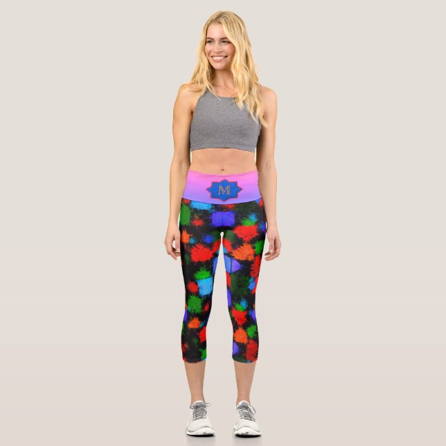 Multicolored Orange Blue Abstract Pattern Capri Leggings (Front)