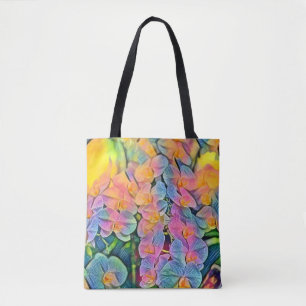 Multicolored orchid flowers watercolor painting tote bag