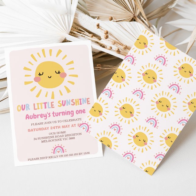 Multicolored Our Little Sunshine 1st Birthday  Invitation (Our Little Sunshine 1st Birthday Invitation, Girl Summer Birthday, Girls Sun First Birthday Party, )