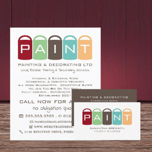 Multicolored Paint Buckets, Painter & Decorator Business Card