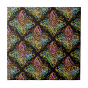 Multicolored Paisley Design on Black Tile
