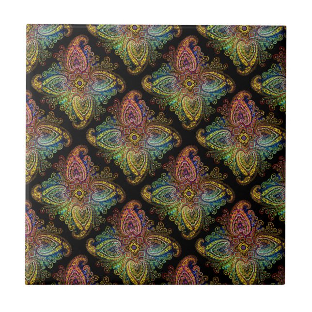 Multicolored Paisley Design on Black Tile (Front)