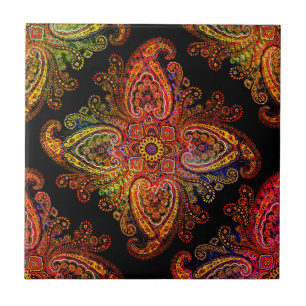 Multicolored Paisley Motiff on Black  02 Tile