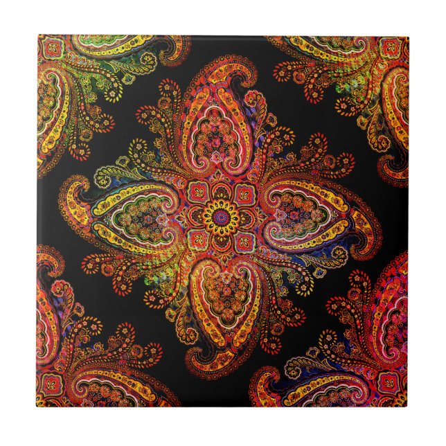 Multicolored Paisley Motiff on Black  02 Tile (Front)