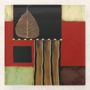 Multicolored Panel Painting with Brown Leaf Glass Coaster