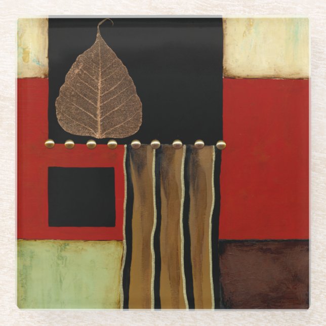 Multicolored Panel Painting with Brown Leaf Glass Coaster (Front)