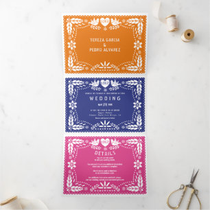 Multicolored papel picado love birds wedding Tri-Fold invitation