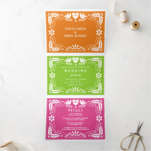 Multicolored papel picado lovebirds floral wedding Tri-Fold invitation