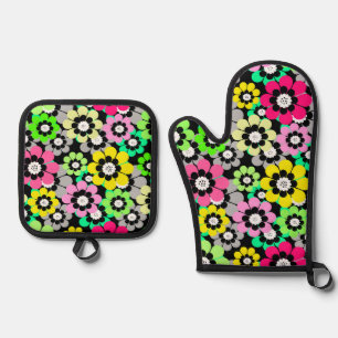 Multicolored paper cut flowers on black background oven mitt & pot holder set