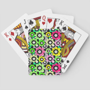 Multicolored paper cut flowers on black background playing cards