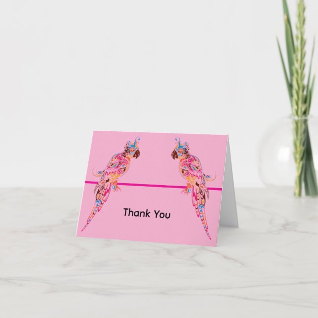Multicolored Parrots on Pink Thank You Card (Front)