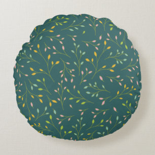 Multicolored Pastel Leaves on Dark Teal Botanical Round Cushion