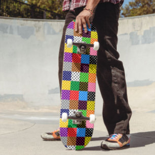 Multicolored Patchwork Quilt Polka Dots  Skateboard