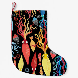 Multicolored pattern of different squid and fish o small christmas stocking