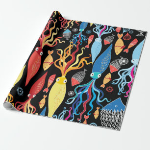 Multicolored pattern of different squid and fish o wrapping paper