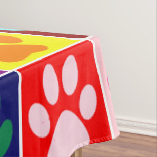 Multicolored Paws in Multicolored Squares Tablecloth