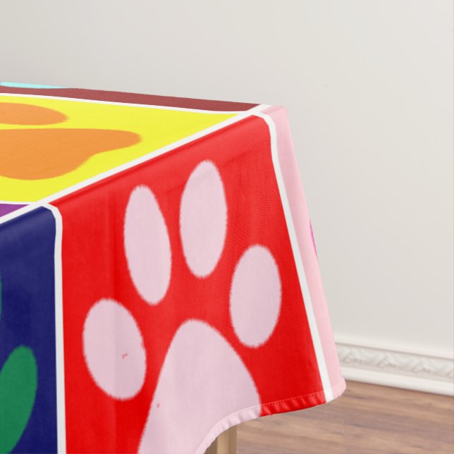 Multicolored Paws in Multicolored Squares Tablecloth (In Situ)