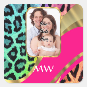 Multicolored pink leopard print square sticker