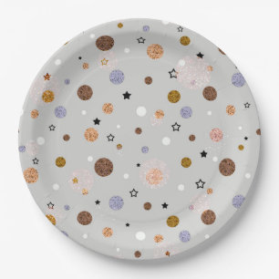 Multicolored polka dots on grey. paper plate