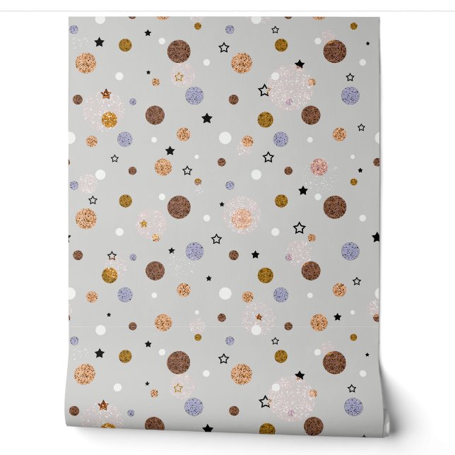 Multicolored polka dots on grey. wallpaper (Unrolling)