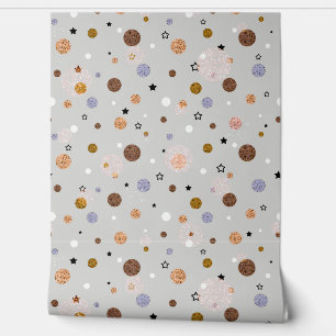 Multicolored polka dots on grey. wallpaper