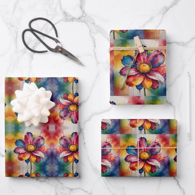 Multicolored Rainbow Flower  Wrapping Paper Sheet (Front)
