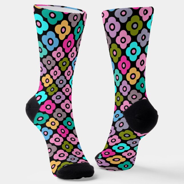 Multicolored rustic flower pattern on white  socks (Angled)