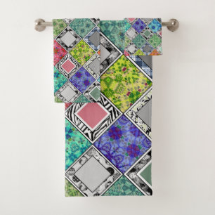 Multicolored , rustic , patchwork , patches  bath towel set
