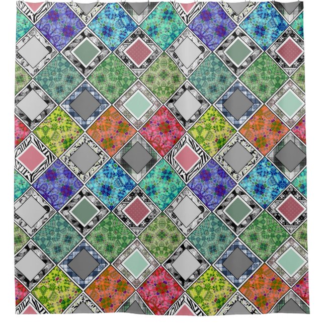 Multicolored , rustic , patchwork , patches   shower curtain (Front)