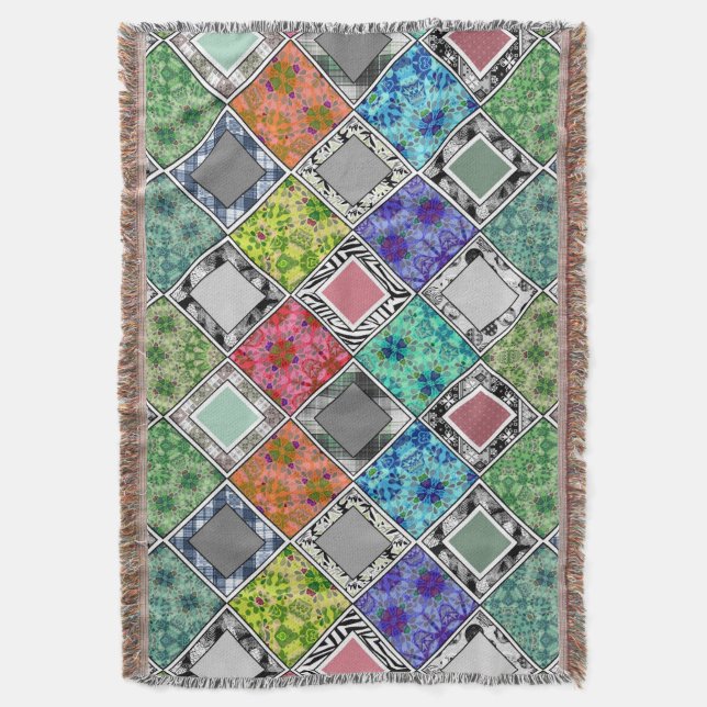 Multicolored , rustic , patchwork , patches  throw blanket (Front Vertical)