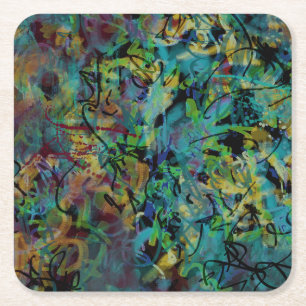 Multicolored Scribbled Abstract Art Square Paper Coaster