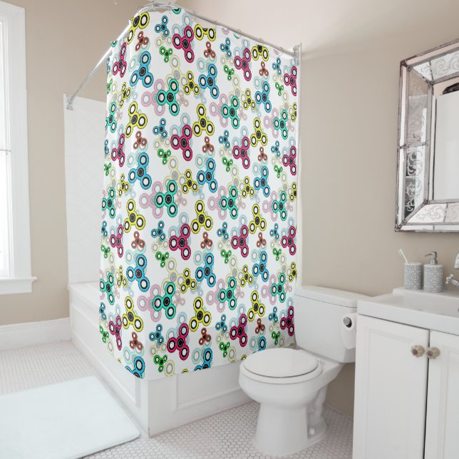 Multicolored spinners shower curtain (In Situ)