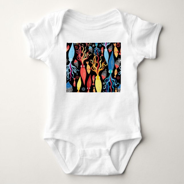 Multicolored Squid Fish Black Background Baby Bodysuit (Front)
